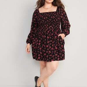 Black and Red Floral Fit & Flare Long Sleeve Smocked Mini Dress XXL Tall